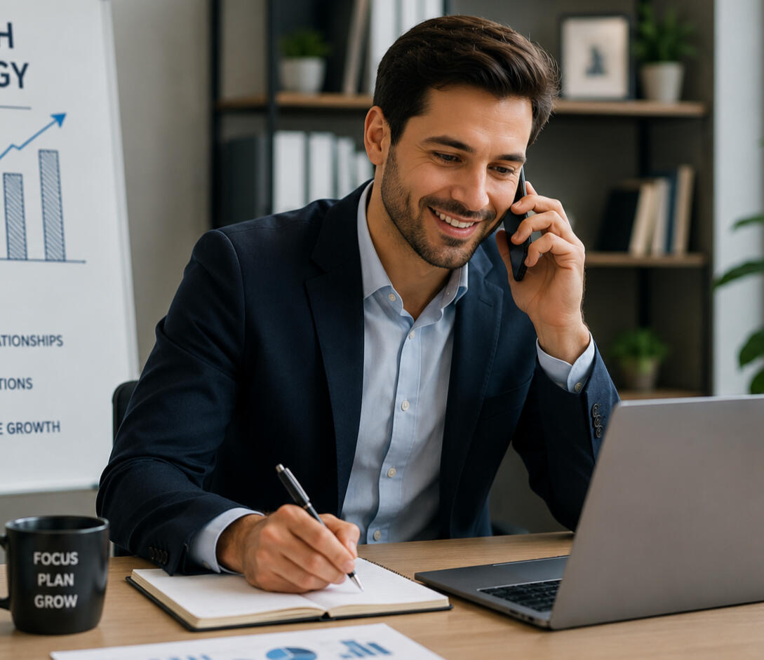 Sales & Business Development Services Business development professional conducting client outreach and sales strategy planning.